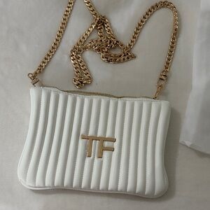 Tom Ford l, Ladies White Quilted Crossbody with Gold Chain. NEW